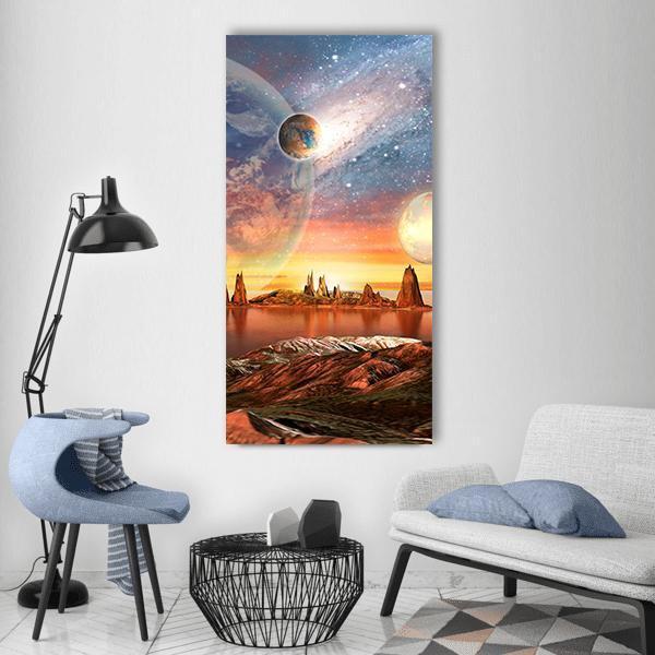 Alien Planet at Dusk Vertical Canvas Wall Art in orange, blue and purple, single vertical panel hung on a wall