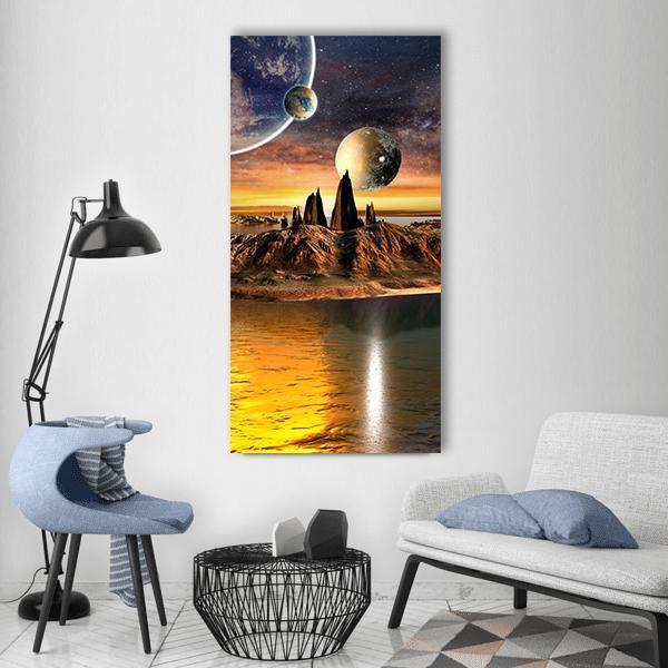 Three Moons Over Alien Lake Vertical Canvas Wall Art in orange, yellow and blue, single vertical panel hung on a wall