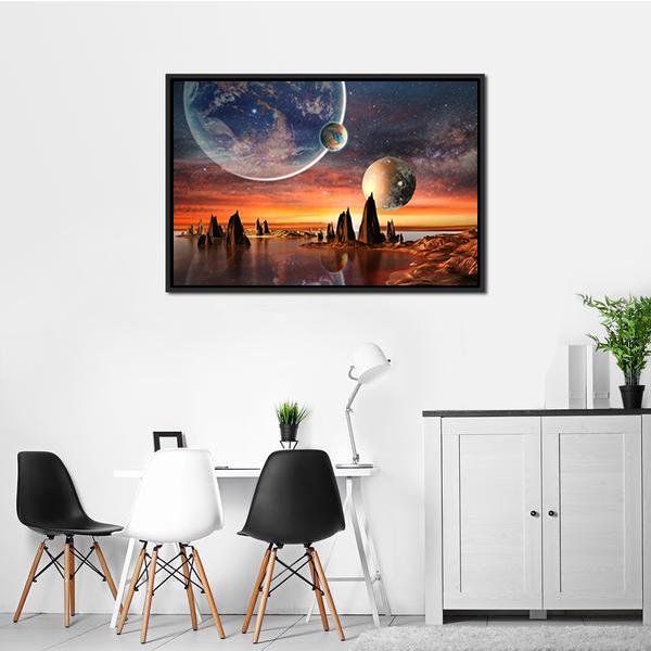 Alien Planet With Mountains Canvas Wall Art-1 Piece-Floating Frame-24" x 16"-Tiaracle