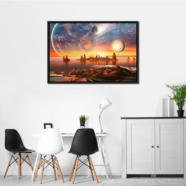 Alien Planet With Mountains Canvas Wall Art-1 Piece-Floating Frame-24" x 16"-Tiaracle