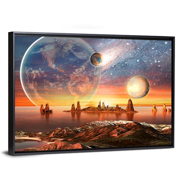 Alien Planet With Mountains Canvas Wall Art-5 Horizontal-Gallery Wrap-22" x 12"-Tiaracle