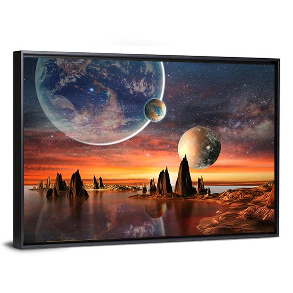Alien Planet With Mountains Canvas Wall Art-5 Horizontal-Gallery Wrap-22" x 12"-Tiaracle
