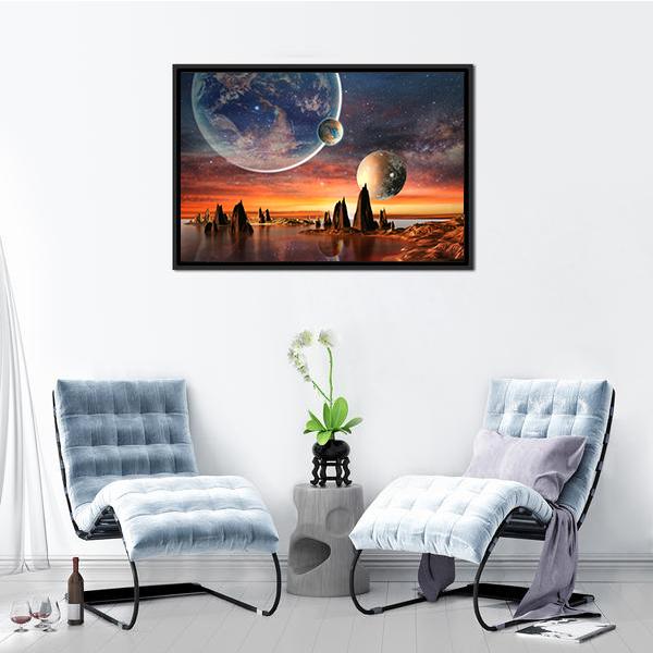 Alien Planet With Mountains Canvas Wall Art-5 Horizontal-Gallery Wrap-22" x 12"-Tiaracle