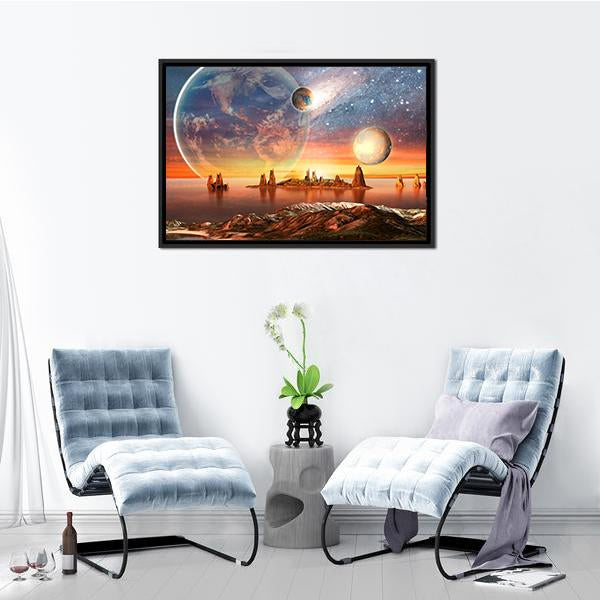 Alien Planet With Mountains Canvas Wall Art-3 Horizontal-Gallery Wrap-25" x 16"-Tiaracle