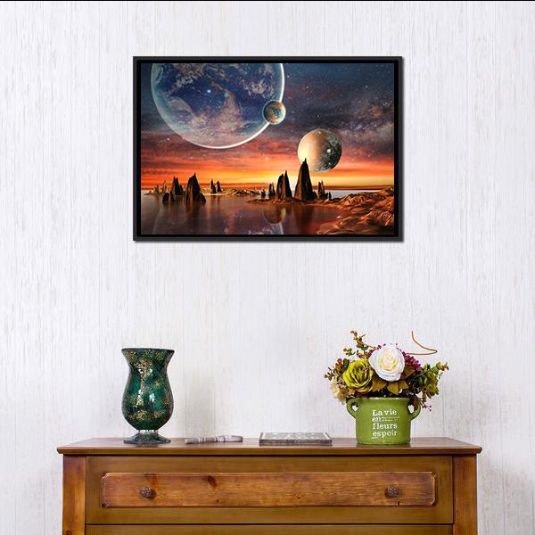 Alien Planet With Mountains Canvas Wall Art-3 Horizontal-Gallery Wrap-25" x 16"-Tiaracle