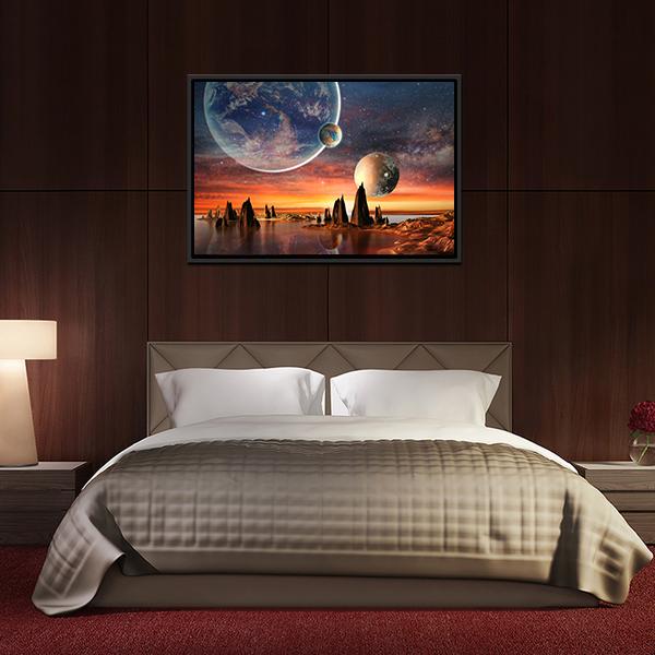 Alien Planet With Mountains Canvas Wall Art-5 Horizontal-Gallery Wrap-22" x 12"-Tiaracle