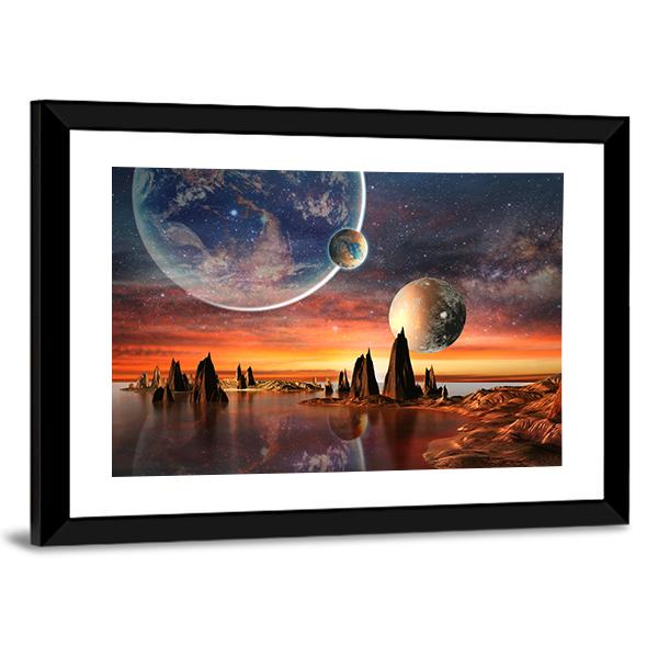 Alien Planet With Mountains Canvas Wall Art-5 Horizontal-Gallery Wrap-22" x 12"-Tiaracle