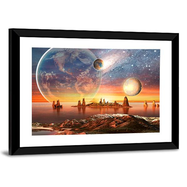 Alien Planet With Mountains Canvas Wall Art-3 Horizontal-Gallery Wrap-25" x 16"-Tiaracle