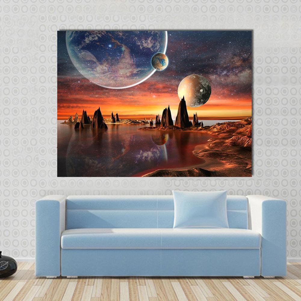 Alien Planet with Mountains Canvas Wall Art in brown, orange and blue, single panel hung on a wall