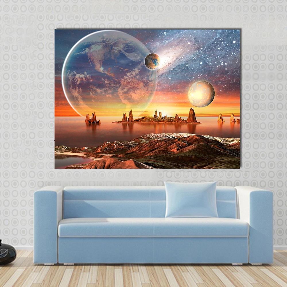 Alien Planet with Mountains Canvas Wall Art in brown, orange and blue, single panel hung on a wall