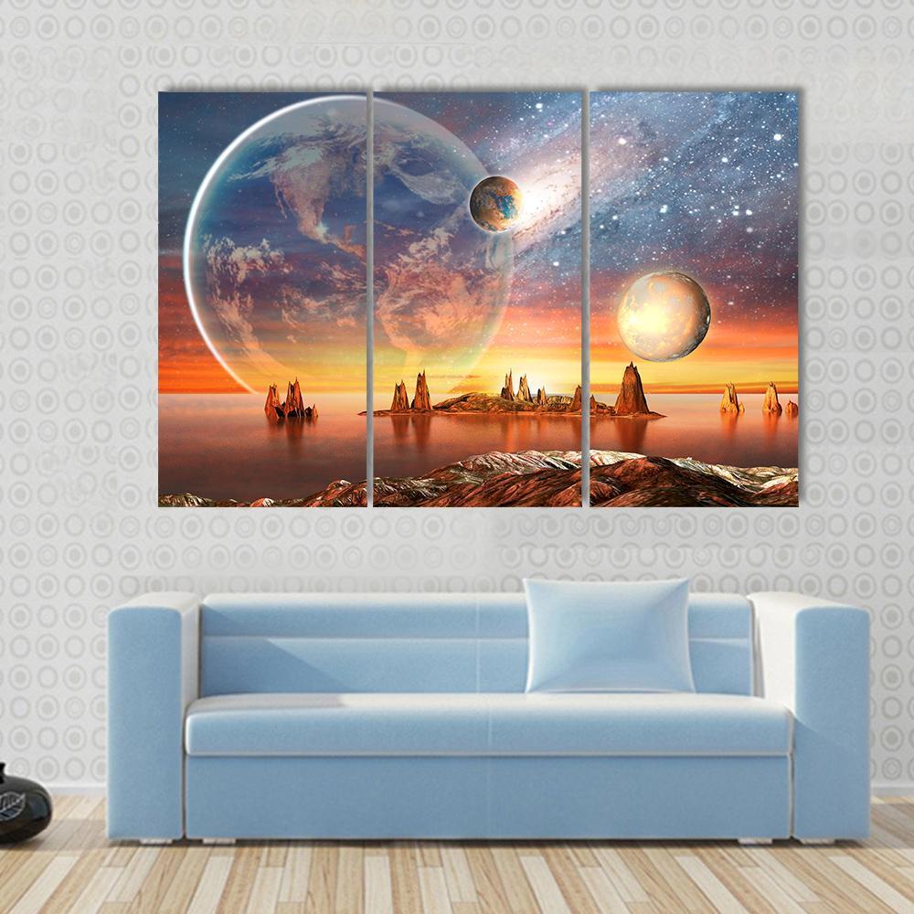 Alien Planet With Mountains Canvas Wall Art-3 Horizontal-Gallery Wrap-37" x 24"-Tiaracle