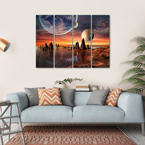 Alien Planet With Mountains Canvas Wall Art-4 Horizontal-Gallery Wrap-34" x 24"-Tiaracle