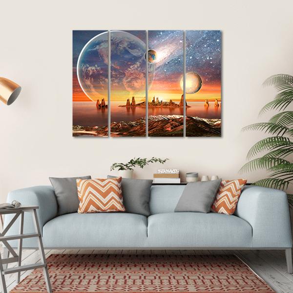 Alien Planet With Mountains Canvas Wall Art-4 Horizontal-Gallery Wrap-34" x 24"-Tiaracle