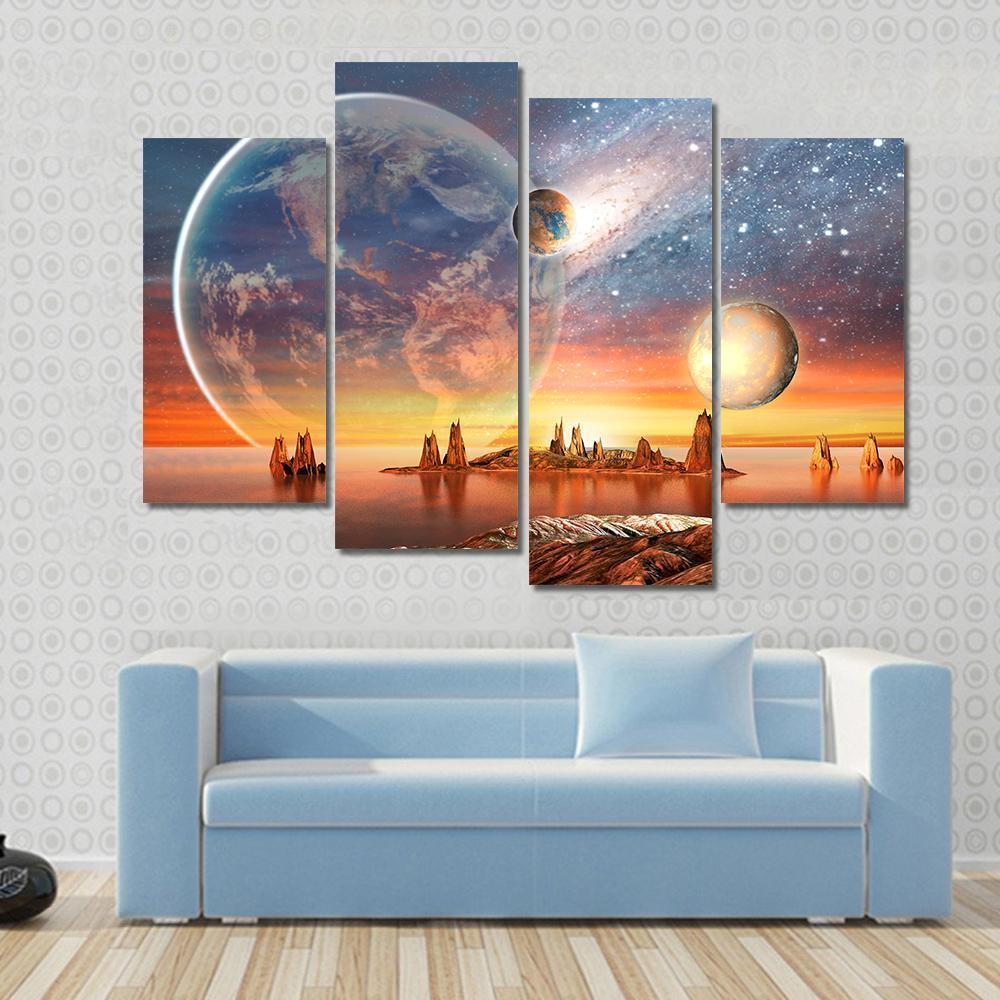 Alien Planet With Mountains Canvas Wall Art-4 Pop-Gallery Wrap-50" x 32"-Tiaracle