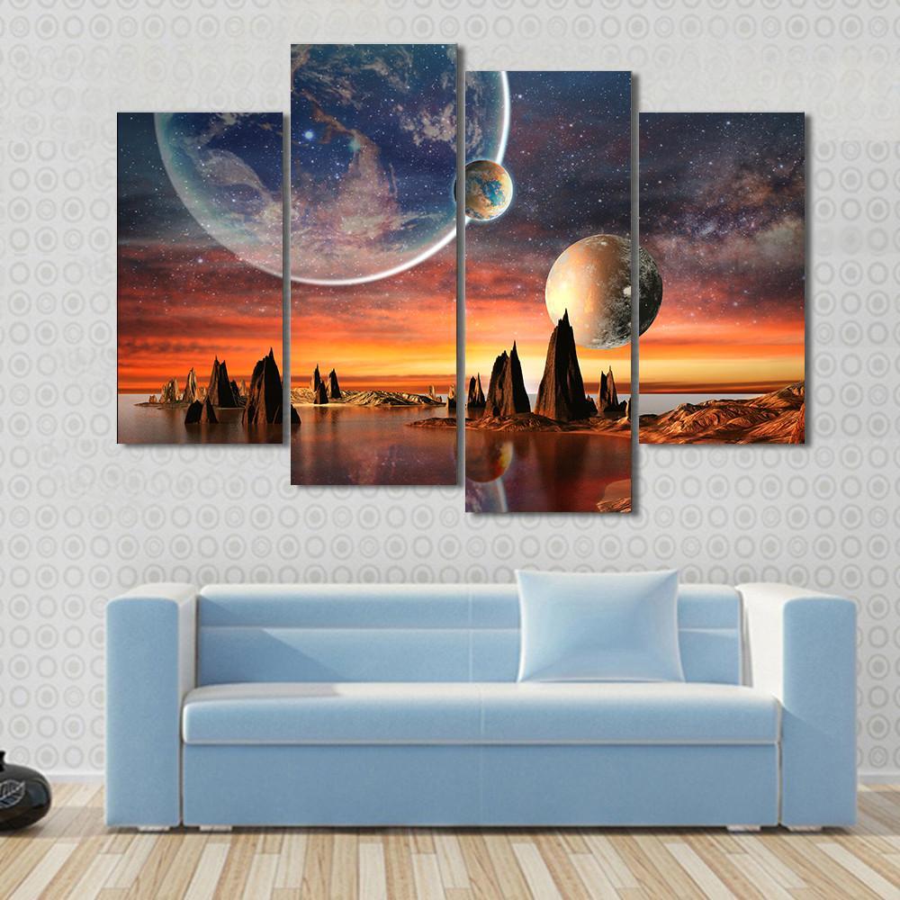 Alien Planet With Mountains Canvas Wall Art-4 Pop-Gallery Wrap-50" x 32"-Tiaracle