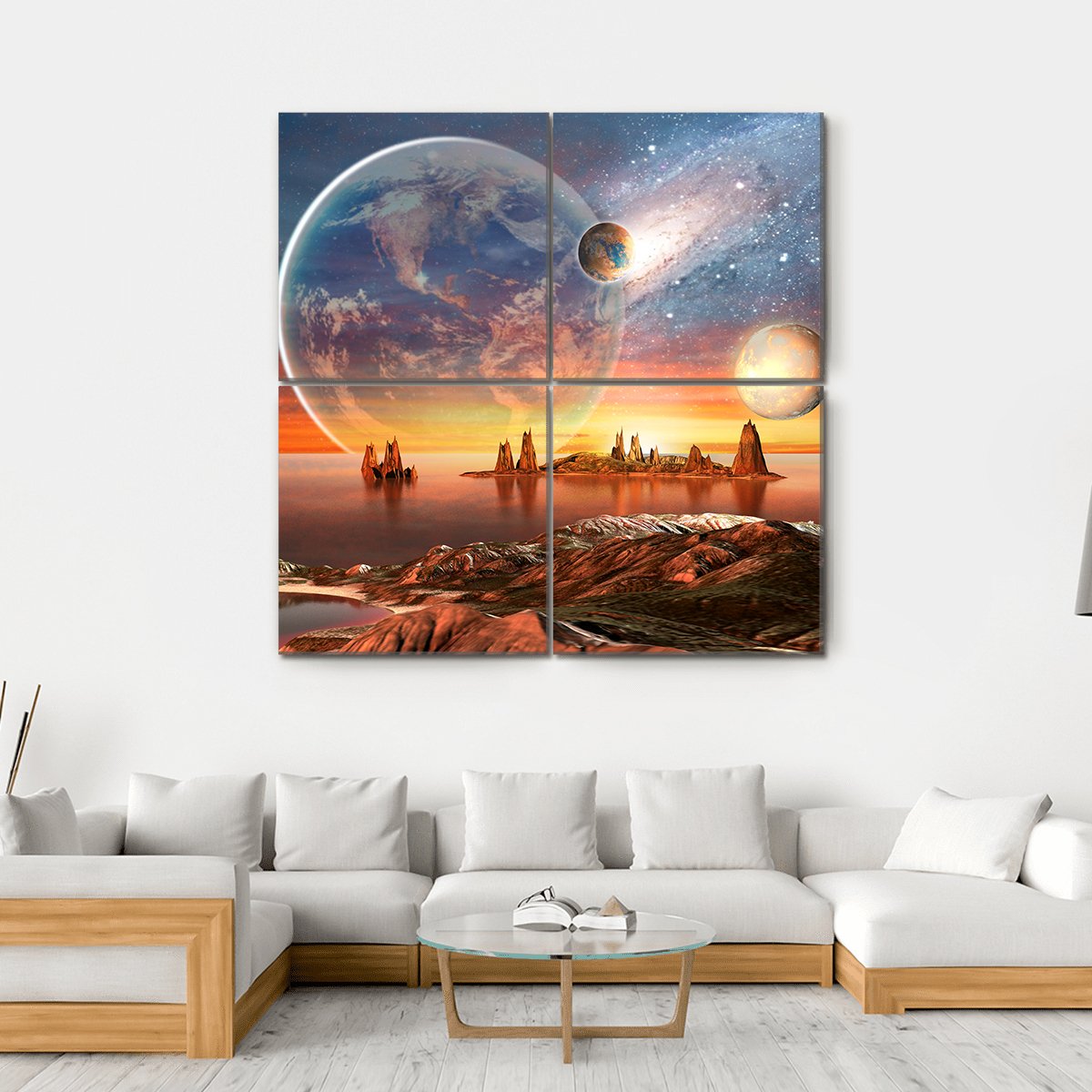 Alien Planet With Mountains Canvas Wall Art-4 Square-Gallery Wrap-17" x 17"-Tiaracle
