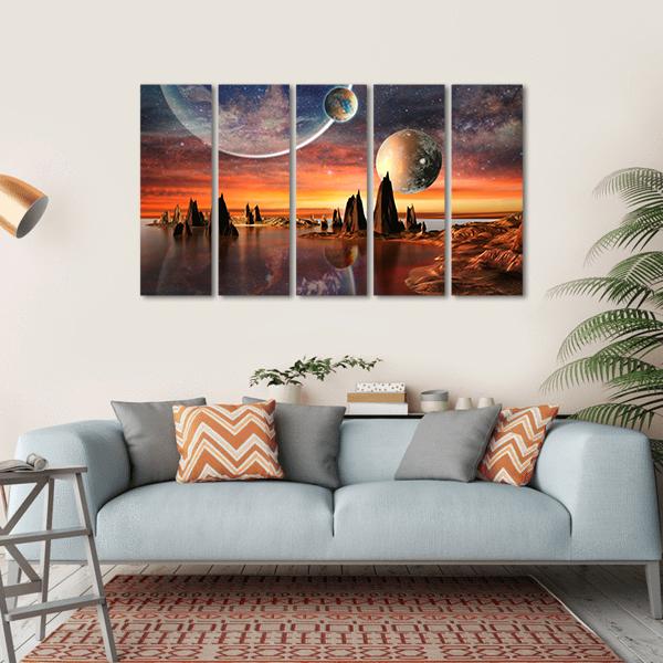 Alien Planet With Mountains Canvas Wall Art-5 Horizontal-Gallery Wrap-22" x 12"-Tiaracle
