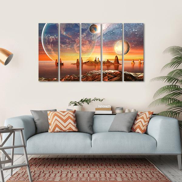 Alien Planet With Mountains Canvas Wall Art-5 Horizontal-Gallery Wrap-22" x 12"-Tiaracle