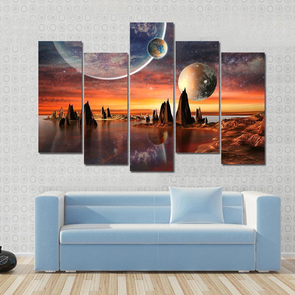 Alien Planet With Mountains Canvas Wall Art-5 Pop-Gallery Wrap-47" x 32"-Tiaracle