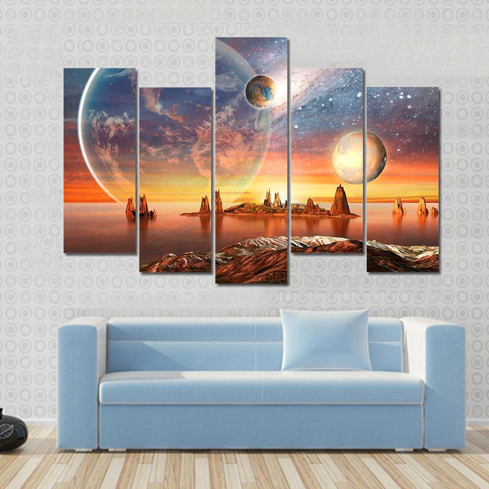 Alien Planet With Mountains Canvas Wall Art-3 Horizontal-Gallery Wrap-25" x 16"-Tiaracle