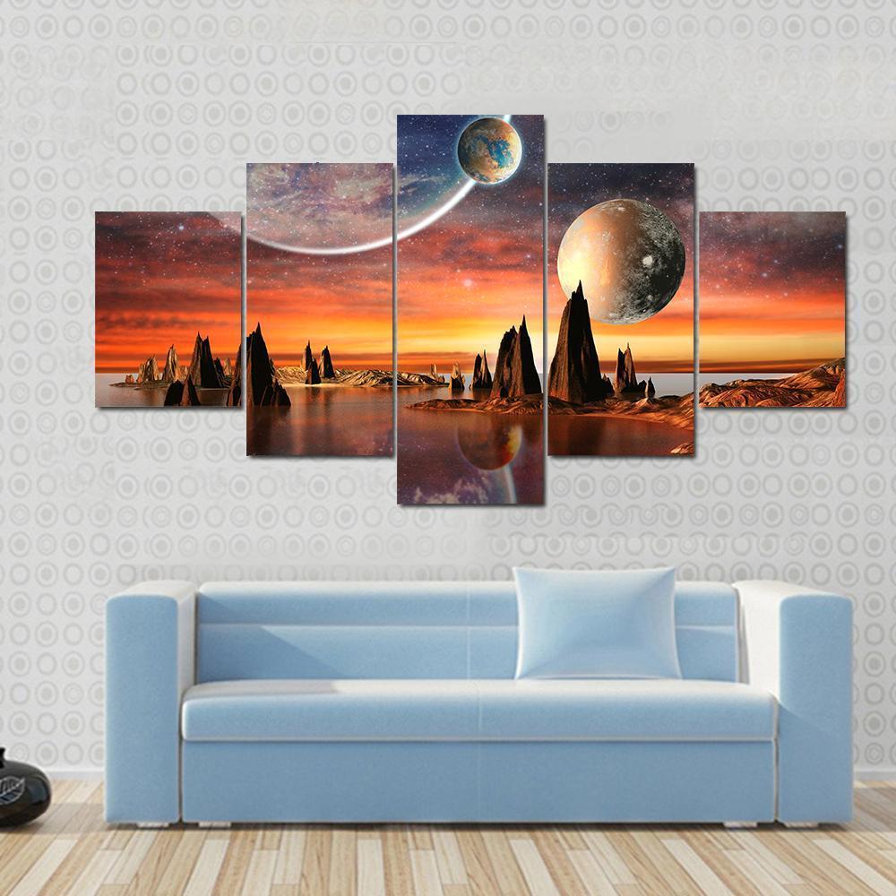 Alien Planet With Mountains Canvas Wall Art-5 Star-Gallery Wrap-62" x 32"-Tiaracle