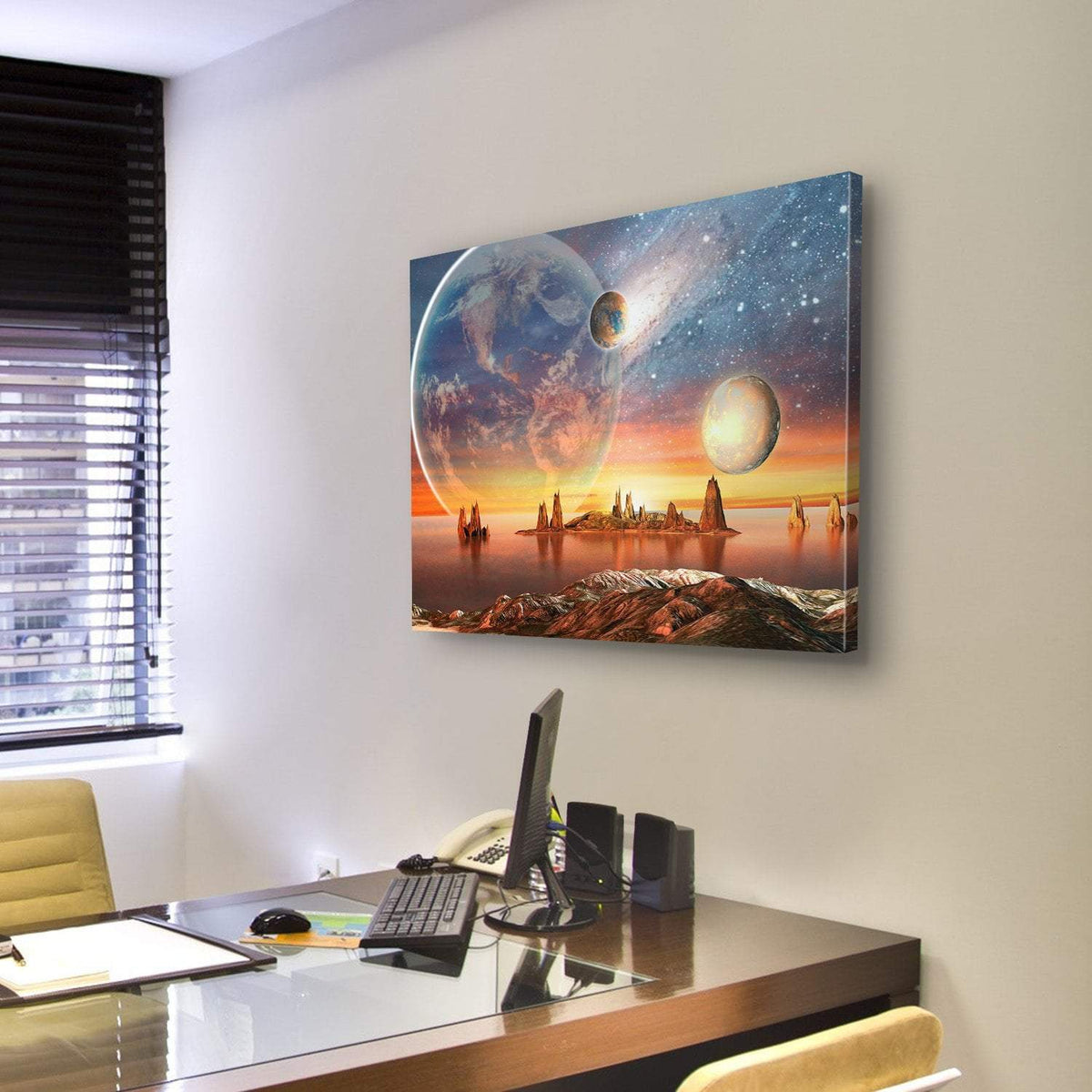 Alien Planet With Mountains Canvas Wall Art-3 Horizontal-Gallery Wrap-25" x 16"-Tiaracle