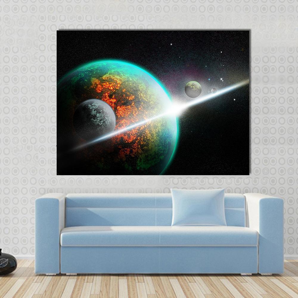 Alien Planet with Rings Canvas Wall Art in black, orange and green, single panel hung on a wall