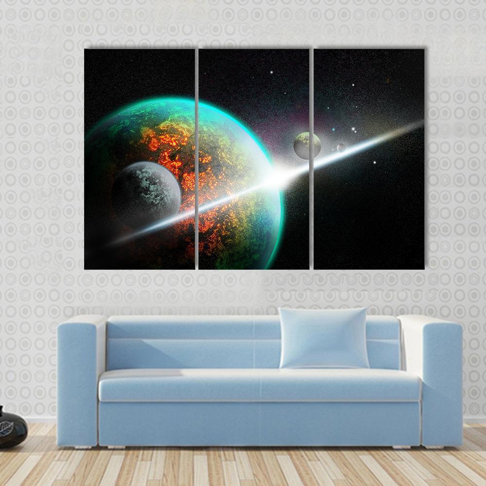 Alien Planet With Rings Canvas Wall Art-3 Horizontal-Gallery Wrap-37" x 24"-Tiaracle
