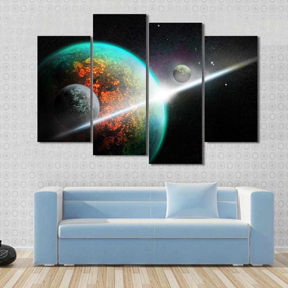 Alien Planet With Rings Canvas Wall Art-4 Pop-Gallery Wrap-50" x 32"-Tiaracle