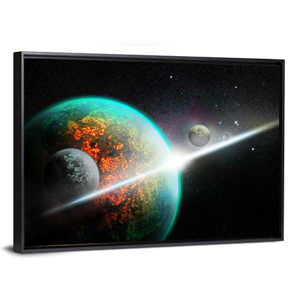 Alien Planet With Rings Canvas Wall Art-3 Horizontal-Gallery Wrap-25" x 16"-Tiaracle