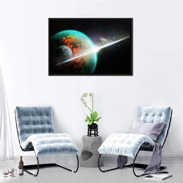 Alien Planet With Rings Canvas Wall Art-3 Horizontal-Gallery Wrap-25" x 16"-Tiaracle