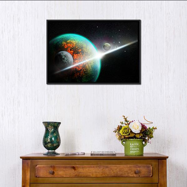 Alien Planet With Rings Canvas Wall Art-3 Horizontal-Gallery Wrap-25" x 16"-Tiaracle
