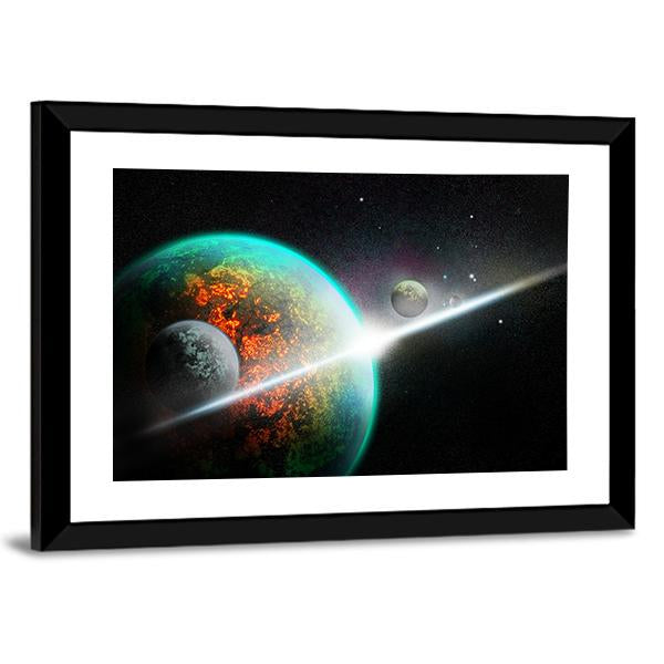Alien Planet With Rings Canvas Wall Art-3 Horizontal-Gallery Wrap-25" x 16"-Tiaracle