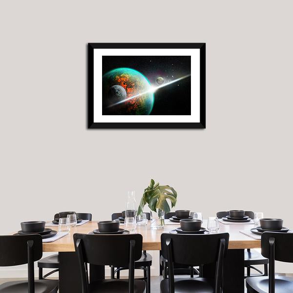 Alien Planet With Rings Canvas Wall Art-3 Horizontal-Gallery Wrap-25" x 16"-Tiaracle