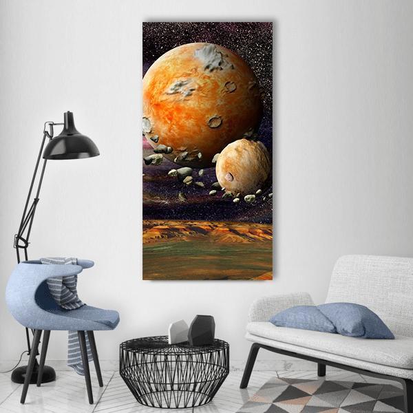 Alien Planet and Asteroid Belt Vertical Canvas Wall Art in black, brown and orange, single vertical panel hung on a wall