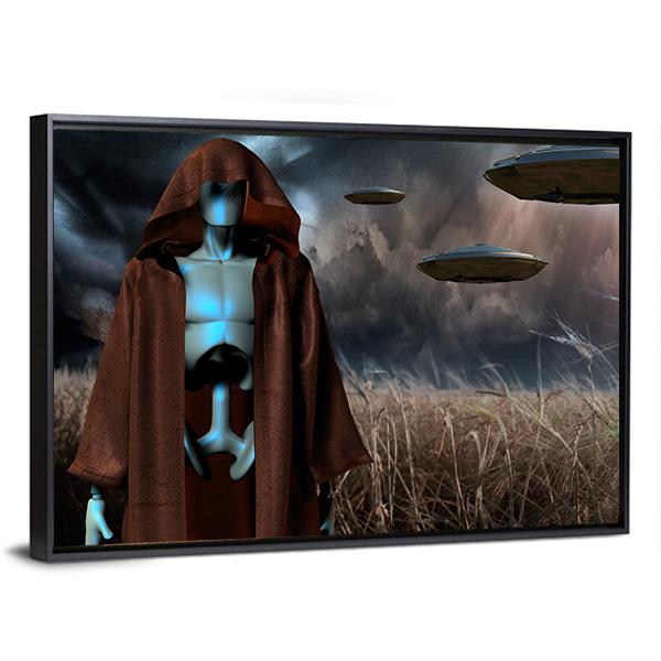 Alien Robot In Field Canvas Wall Art-3 Horizontal-Gallery Wrap-25" x 16"-Tiaracle