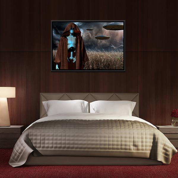 Alien Robot In Field Canvas Wall Art-5 Horizontal-Gallery Wrap-22" x 12"-Tiaracle