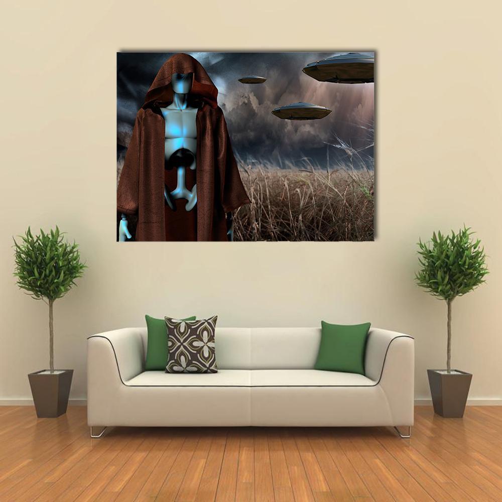Alien Robot In Field Canvas Wall Art-4 Horizontal-Gallery Wrap-34" x 24"-Tiaracle