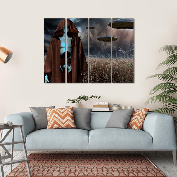 Alien Robot In Field Canvas Wall Art-4 Horizontal-Gallery Wrap-34" x 24"-Tiaracle