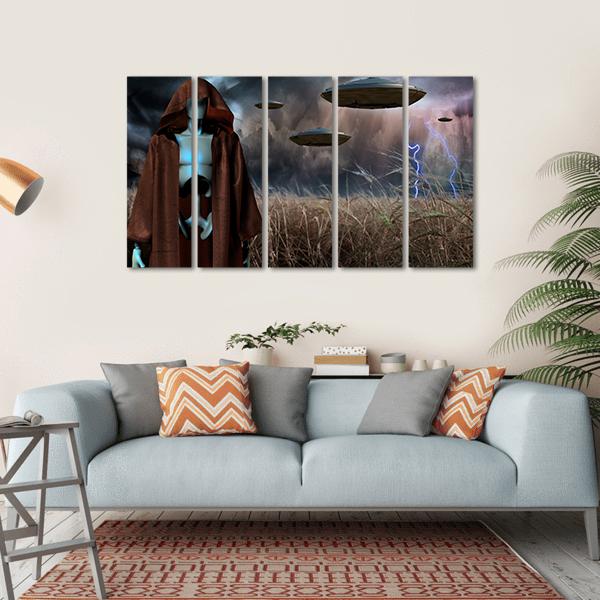 Alien Robot In Field Canvas Wall Art-5 Horizontal-Gallery Wrap-22" x 12"-Tiaracle