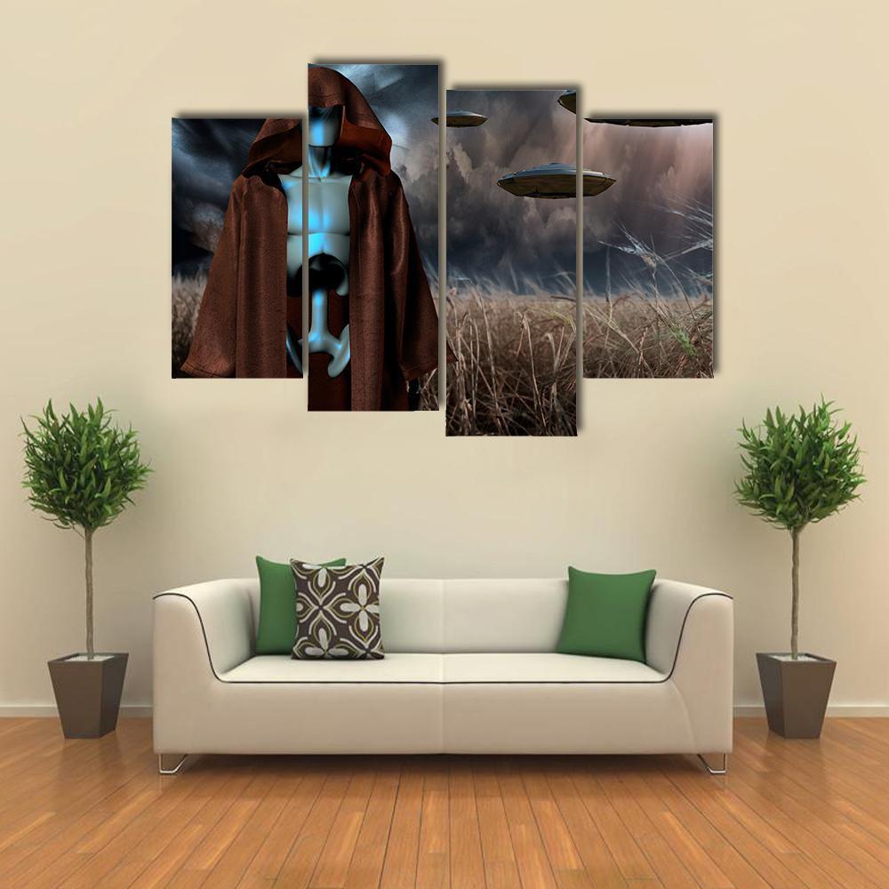 Alien Robot In Field Canvas Wall Art-4 Pop-Gallery Wrap-50" x 32"-Tiaracle