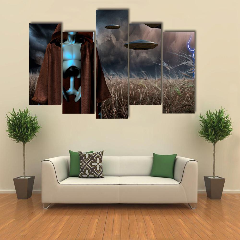 Alien Robot In Field Canvas Wall Art-5 Pop-Gallery Wrap-47" x 32"-Tiaracle