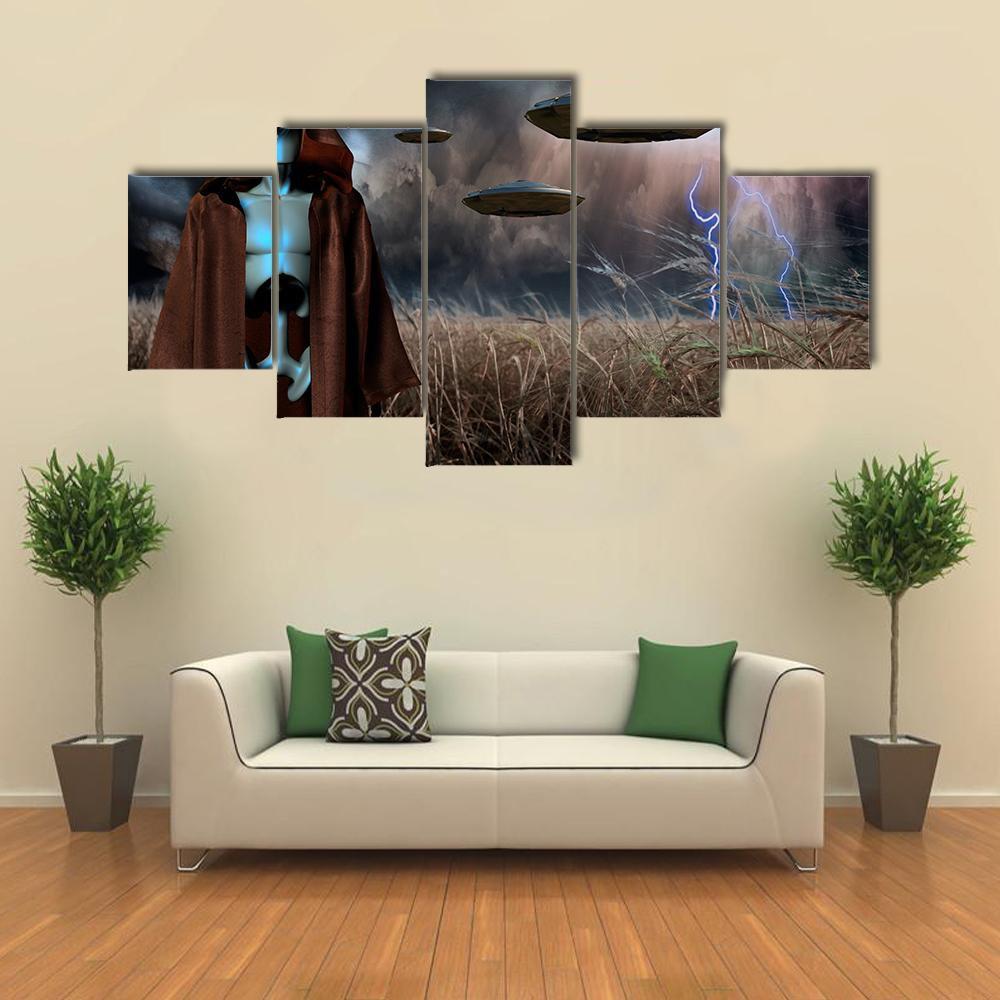 Alien Robot In Field Canvas Wall Art-5 Star-Gallery Wrap-62" x 32"-Tiaracle