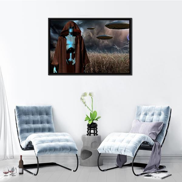 Alien Robot In Field Panoramic Canvas Wall Art-1 Piece-36" x 12"-Tiaracle