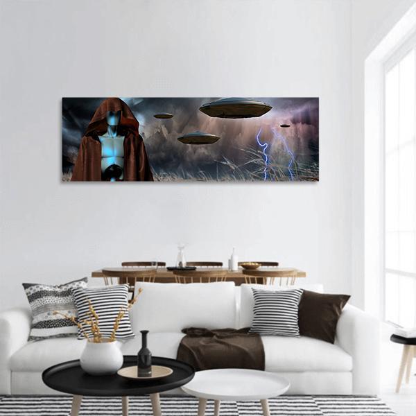 Alien Robot In Field Panoramic Canvas Wall Art-3 Piece-25" x 08"-Tiaracle