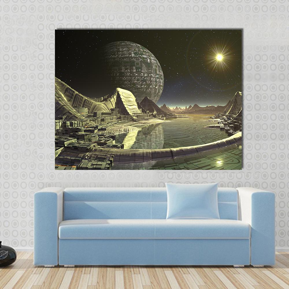 Alien Satellite City Canvas Wall Art in black, yellow and green, single panel hung on a wall
