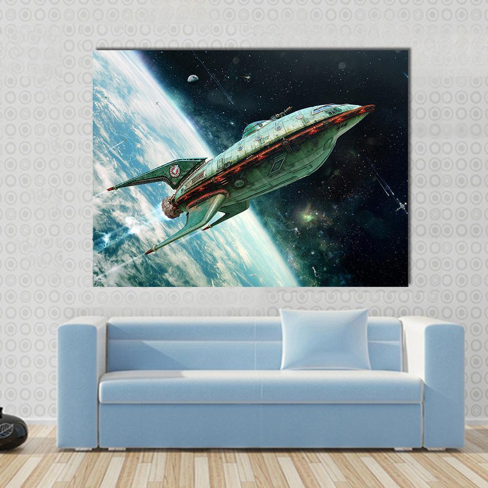 Alien Space Shuttle Canvas Wall Art in black, green and blue, single panel hung on a wall