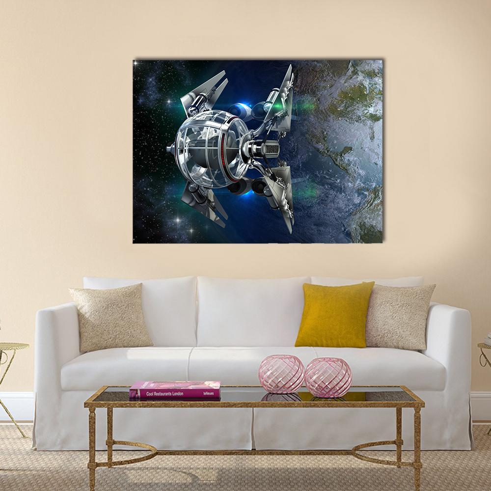 Alien Spaceship Orbiting Earth Canvas Wall Art in black, silver and blue, single panel hung on a wall