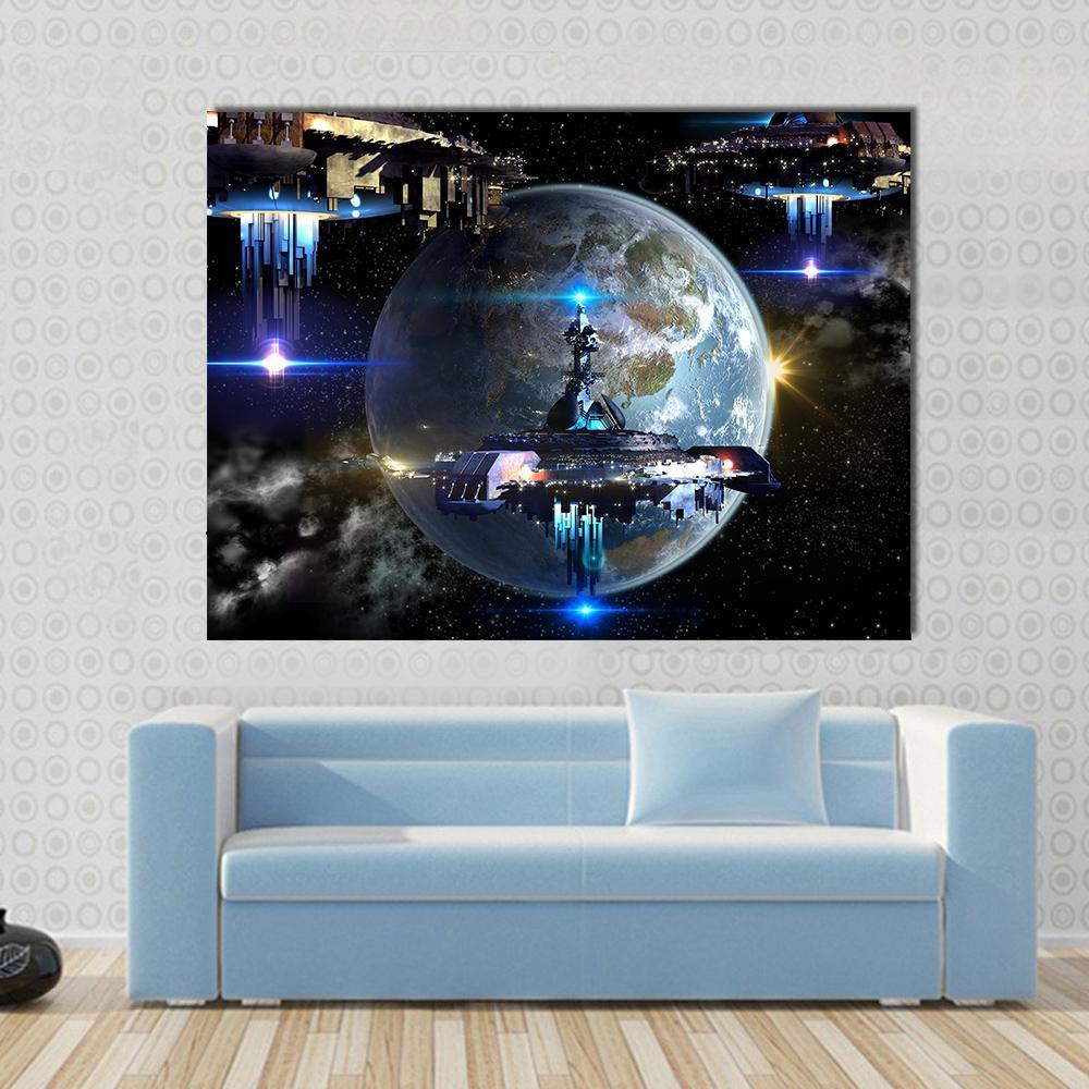 Alien Spaceship Moving Near Earth Canvas Wall Art in black and blue, single panel hung on a wall
