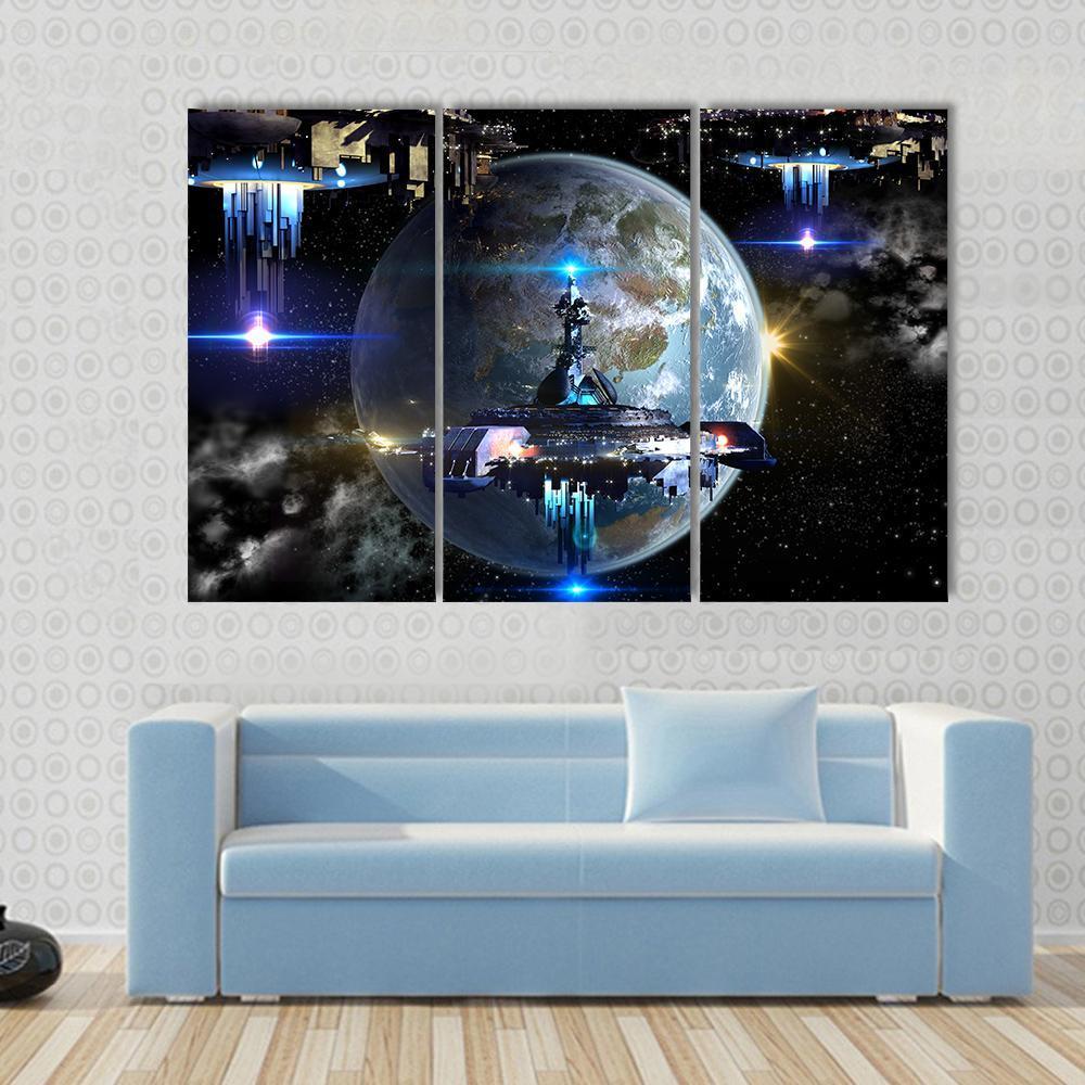 Alien Spaceship Moving Near Earth Canvas Wall Art-3 Horizontal-Gallery Wrap-37" x 24"-Tiaracle